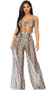 Sheer mesh cover up palazzo pants with reptile snake print, high waist, flowing wide flared legs, and wide elastic waistband.