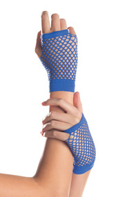 Wrist length fishnet fingerless gloves. Gloves have one big hole for the first 3 fingers and a separate hole for the pinky finger. Thumb also has a separate hole.