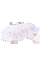 Mesh double layer petticoat with contrast trim and satin elastic waistband. While lying flat, top layer measures 6" long, bottom layer measures 10".