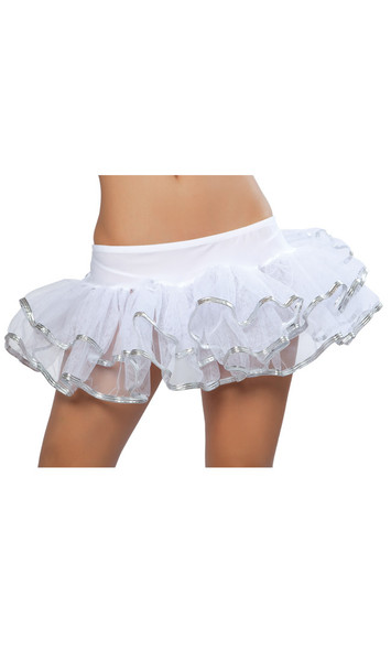 Mesh double layer petticoat with contrast trim and satin elastic waistband. While lying flat, top layer measures 6" long, bottom layer measures 10".