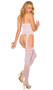 Sleeveless suspender bodystocking with lace net top, scoop neck, spaghetti straps, and fishnet stockings with cut out top.