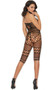Crochet and fishnet bodystocking with halter style neck, mid knee length and open crotch.