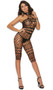 Crochet and fishnet bodystocking with halter style neck, mid knee length and open crotch.