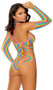 Sleeveless crochet teddy with rainbow stripes, criss cross pink spaghetti straps, sexy cut outs and matching arm sleeves. Two piece set.