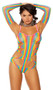 Sleeveless crochet teddy with rainbow stripes, criss cross pink spaghetti straps, sexy cut outs and matching arm sleeves. Two piece set.