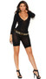 Long sleeve romper with plunging V neckline and mid thigh length biker style legs.