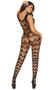 Sleeveless and footless crochet bodystocking with heart cut out pattern, U shaped neck and back, wide shoulder straps, strappy wide net design and open crotch.