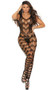 Sleeveless and footless crochet bodystocking with heart cut out pattern, U shaped neck and back, wide shoulder straps, strappy wide net design and open crotch.
