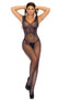 Sleeveless fishnet bodystocking with butterfly design, U shaped neck and back, wide shoulder straps, and open crotch.