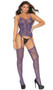Lace suspender bodystocking with floral net design and spaghetti straps.