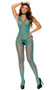 Sleeveless crochet pothole and lace bodystocking with U shaped neck and back, wide shoulder straps and open crotch.