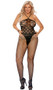 Sleeveless crochet bodystocking with faux halter neck, spaghetti straps and open crotch. Faux pothole teddy with wide net pantyhose design.