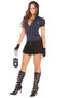 Miranda Rights police officer costume includes short sleeve zip front hoodie, capris, pleated mini skirt, fingerless gloves and handcuff purse. Five piece set.