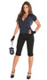 Miranda Rights police officer costume includes short sleeve zip front hoodie, capris, pleated mini skirt, fingerless gloves and handcuff purse. Five piece set.