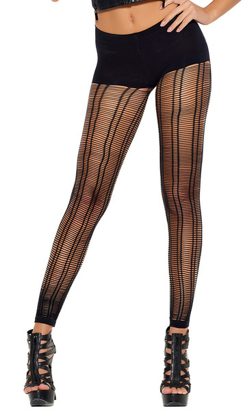 Crochet footless pantyhose with cut out slashed design, double vertical striped pattern, and semi-opaque shorts.