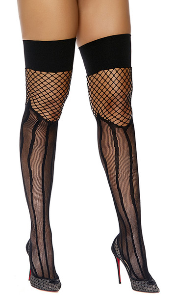 Crochet thigh highs with vertical stripes and fence net tops.