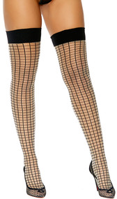 Sheer thigh highs with window pane crosshatch style striped overlay.