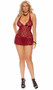 Sheer floral lace babydoll with plunging V neckline, halter neck, and flutter skirt. Matching panty included. Two piece set.