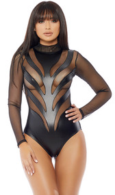 Long sleeve sheer and matte bodysuit with sexy cut outs, mock neck, and back zipper closure. Sheer back.