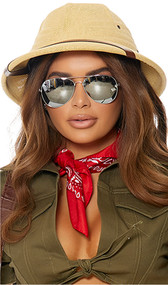 Safari style costume hat is made out of hardened straw and features a faux leather brown accent strap over the visor, side vents, and inside forehead pad for comfort and fit.