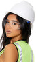 Construction style costume hard hat features an adjustable chin strap and a removable inner lining with ratcheting fitment dial that allows for the hat to be adjusted.