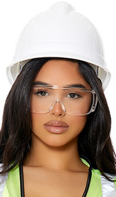 Construction style costume hard hat features an adjustable chin strap and a removable inner lining with ratcheting fitment dial that allows for the hat to be adjusted.