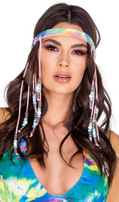 Soft faux suede tie dye headband features faux leather cords with light blue and silver beads with white daisy shaped flower beads.