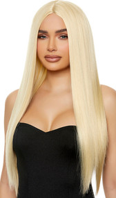 Long blonde straight wig with center part. Unisex synthetic wig.