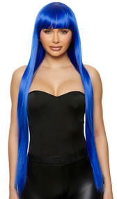 Long bright blue straight wig with bangs. Unisex synthetic wig.