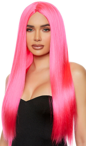 Long pink straight wig with center part. Unisex synthetic wig.