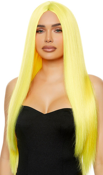 Long bright yellow straight wig with center part. Unisex synthetic wig.