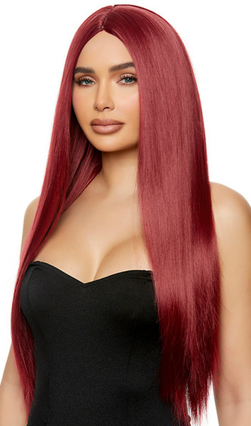 Long burgundy straight wig with center part. Unisex synthetic wig.