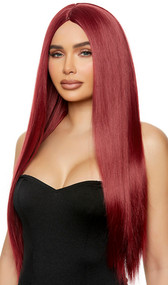Long burgundy straight wig with center part. Unisex synthetic wig.