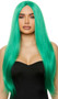 Long green straight wig with center part. Unisex synthetic wig.