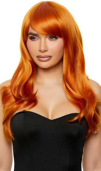 Long light orange wig with slight curls and side swept bangs. Unisex synthetic wig.