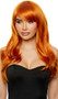 Long light orange wig with slight curls and side swept bangs. Unisex synthetic wig.
