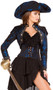 Captain of the Night deluxe pirate costume includes brocade jacket with fringe epaulettes and large button detail, ruffled bra top, brocade waist cincher with lace up closure, and asymmetrical layered skirt. Four piece set.