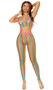 Rainbow striped crochet net cami crop top with sheer feather design, spaghetti straps, front buttons and contrast pink trim. Matching leggings with elastic waist also included. Two piece set.