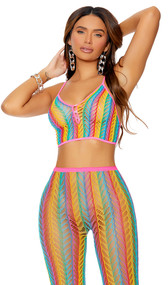 Rainbow striped crochet net cami crop top with sheer feather design, spaghetti straps, front buttons and contrast pink trim. Matching leggings with elastic waist also included. Two piece set.