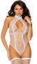 Sheer diamond net sleeveless teddy with striped cage style design, keyhole front, lace halter style neck and thong cut back. Matching thigh high stockings also included. Two piece set.