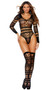 Long sleeve crochet and fishnet teddy with faux lace up design, scoop neck and back, cut outs, thong cut back, and open crotch. Matching thigh high stockings also included. Two piece set.