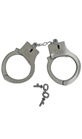 Plastic adjustable toy handcuffs with silver plastic key and safety release button. Cuffs measure just under 10-1/2" end to end.
