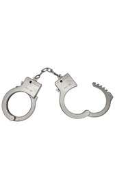 Plastic adjustable toy handcuffs with safety release button. Please note: these do not come with a key, you simply push the release lever down to open the cuffs. Cuffs measure about 3.5" from top to bottom of each cuff, and the inside diameter is about 2" at the standard adjustment. They can be adjusted smaller or larger from there. They measure about 10.5" end to end with the chain fully extended.