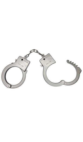 Plastic adjustable toy handcuffs with safety release button. Please note: these do not come with a key, you simply push the release lever down to open the cuffs. Cuffs measure about 3.5" from top to bottom of each cuff, and the inside diameter is about 2" at the standard adjustment. They can be adjusted smaller or larger from there. They measure about 10.5" end to end with the chain fully extended.