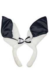 Furry bunny ears headband with black satin insets on the ears and black and white mini satin bow. Fuzzy covered headband. Measures about 11" tall and about 10.5" wide. Ears by themselves are about 7" tall. Plain faux fur back.