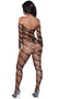 Webbed wide fishnet bodystocking with wrap around stripes, off the shoulder long sleeves, low cut back and open crotch.