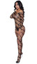 Webbed wide fishnet bodystocking with wrap around stripes, off the shoulder long sleeves, low cut back and open crotch.