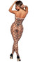 Sheer leopard print footless bodystocking with square neckline, spaghetti straps and open crotch.