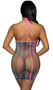 Rainbow striped fishnet mini dress with halter neck.