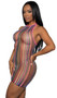 Rainbow striped fishnet mini dress with halter neck.